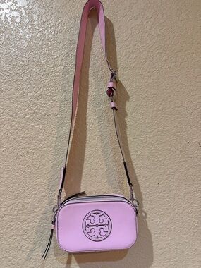 Tory Burch Pink Leather Camera Crossbody with Logo Medallion
